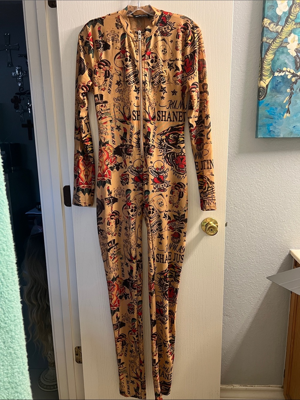 Long Sleeve Tattoo-Print Jumpsuit - Tan